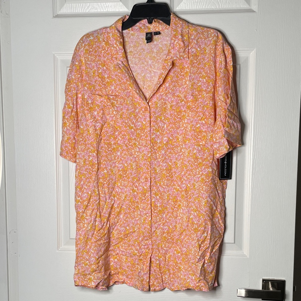 NWT Volcom Coco Ho Short Sleeve Button Down Floral Tunic Mini Dress